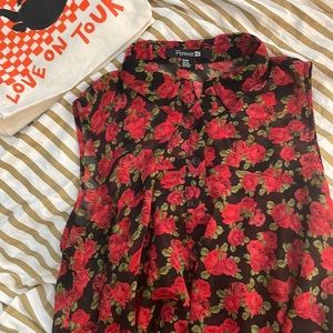 Forever 21 Red Rose Print Ruffle Top